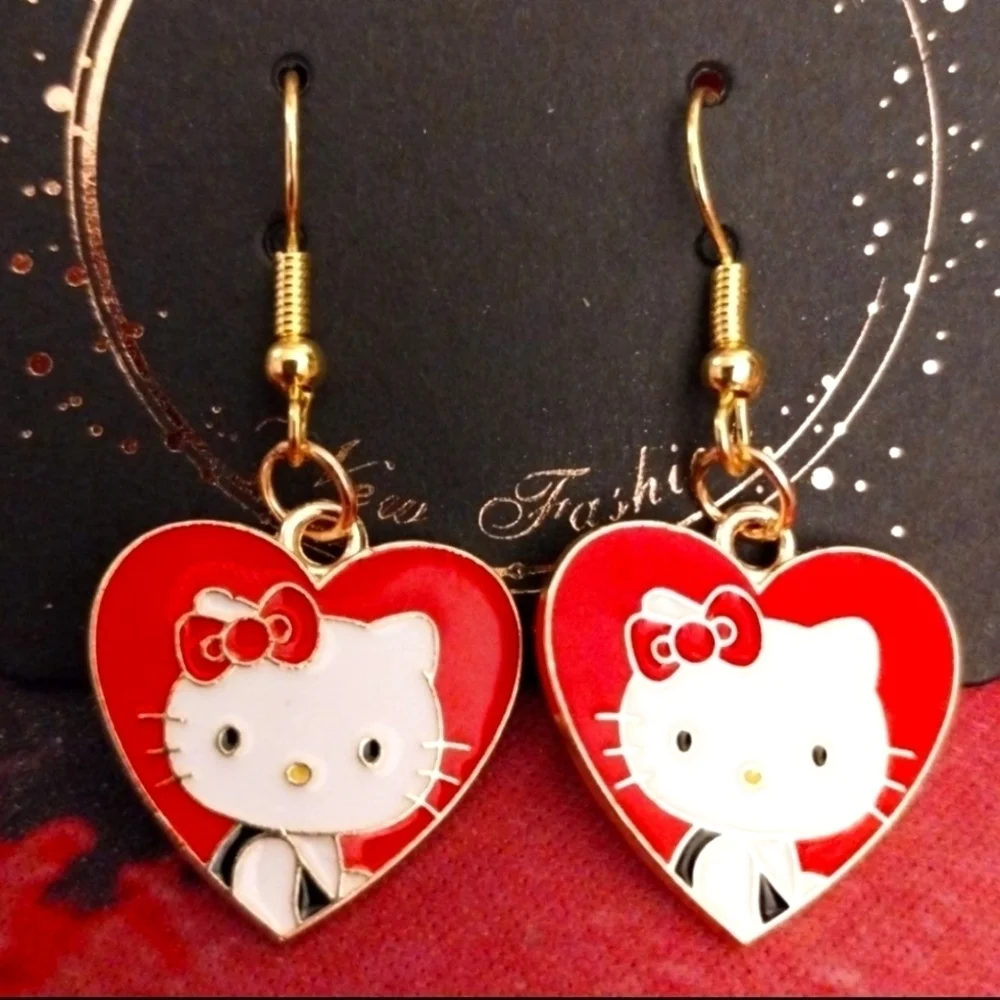 Handmade Valentine's Day Red Hello Kitty Heart Dangle Earrings